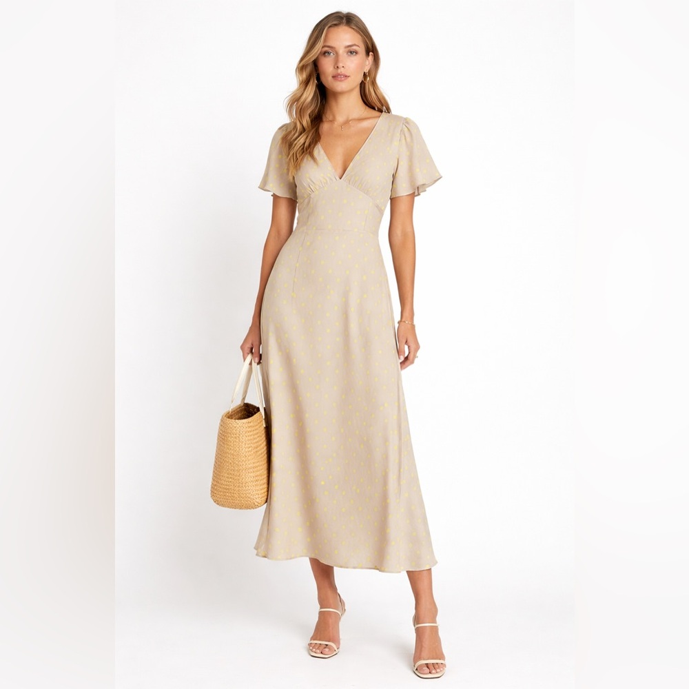 ZARA Polka Dot V-Neck Midi Dress – Neutral & Neon Yellow - Picture 7 of 7
